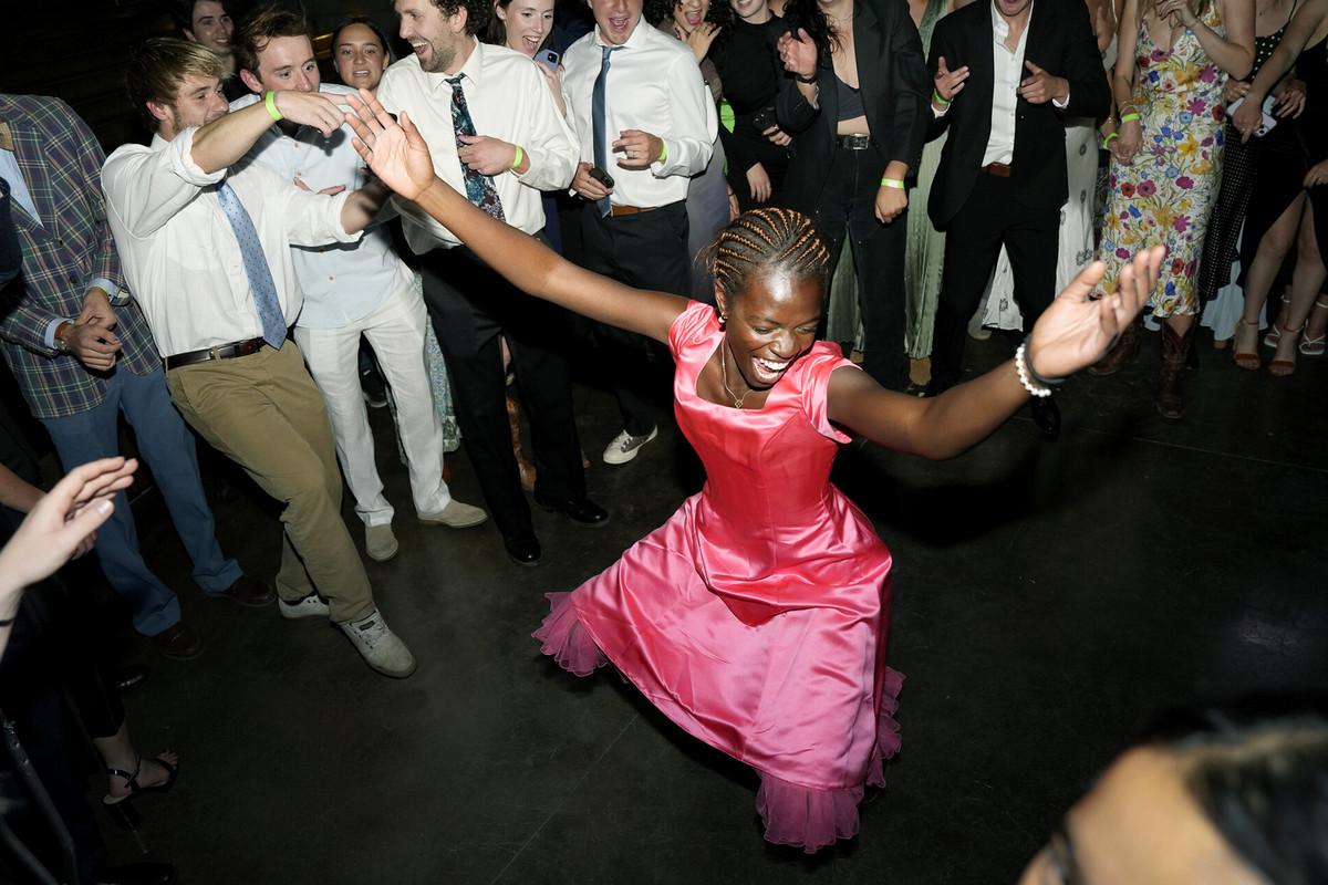 Olamide Olayiwola tears it up in the center of a dance circle on April 27 at Cornerstone during Senior Prom to account for the fact most high school seniors four years ago weren’t able to have proms nationwide due to COVID. It was well organized, well attended and just the right amount of wild. This was the first year of the dance and all although it’s uncertain of its continuance, it was a hit. Photo by Jamie Cotten / Colorado College